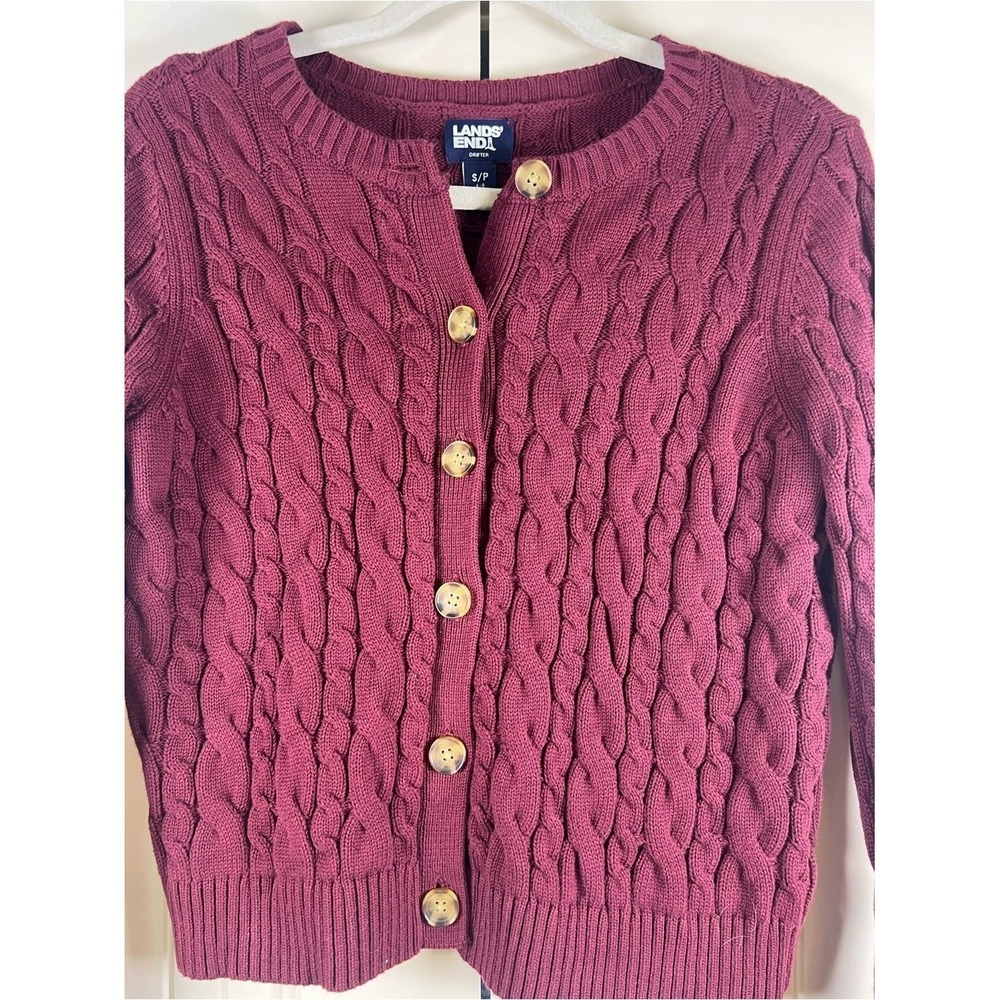 Lands' End Drifter Cable Knit Cardigan Sweater Burgundy‎ Small Petite SP - Picture 2 of 8